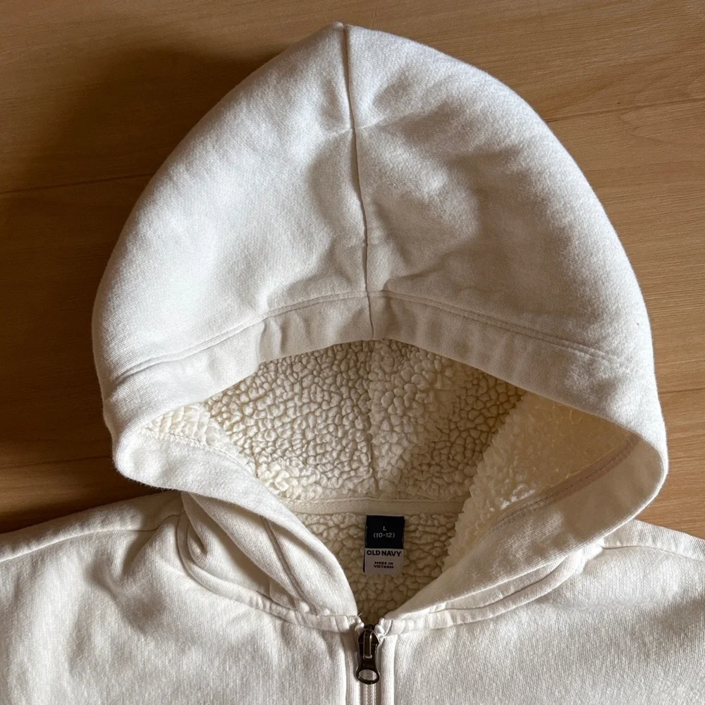 OLD NAVY GIRLS SERPA LINED FULL ZIP HOODED JACKET FRONT POCKETS CREAM LG (10-12)